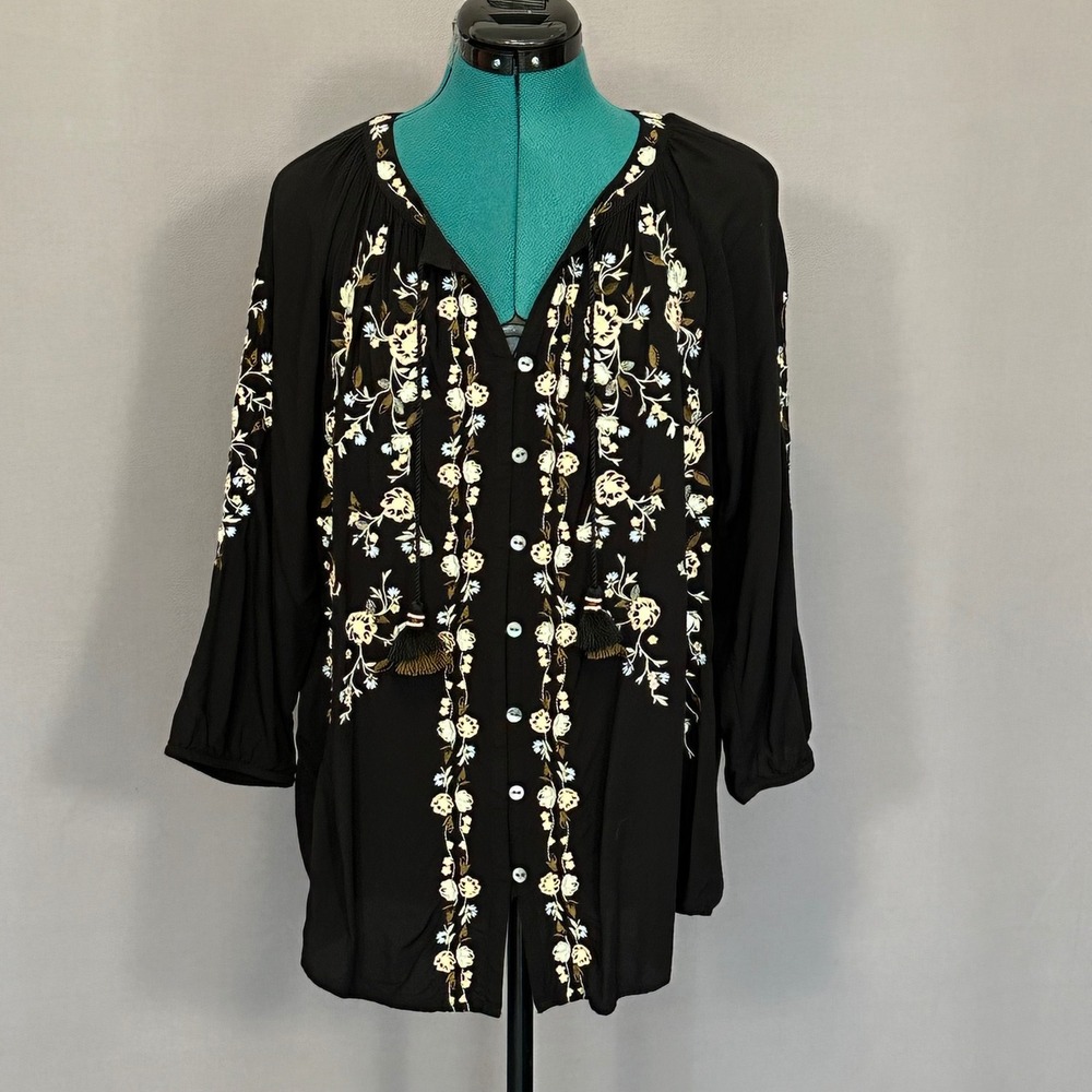 J Jill Womens Black Floral Embroidered Rayon Peasant Blouse Tassel‎ Top Medium